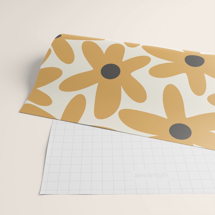 Daisy Time Retro Floral Pattern in Muted Mustard Gold, Charcoal Grey, and Cream Wrapping Paper Gallery Image 2