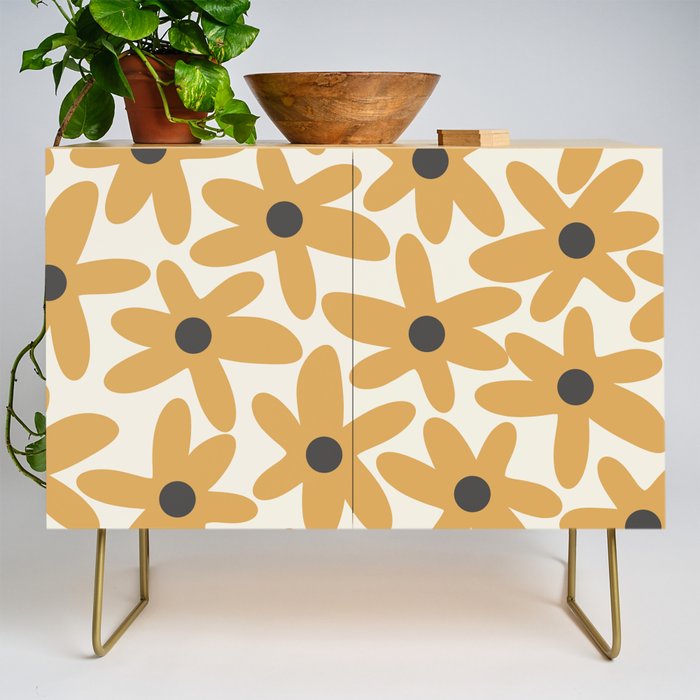 Daisy Time Retro Floral Pattern in Muted Mustard Gold, Charcoal Grey, and Cream Credenza Gallery Image 1