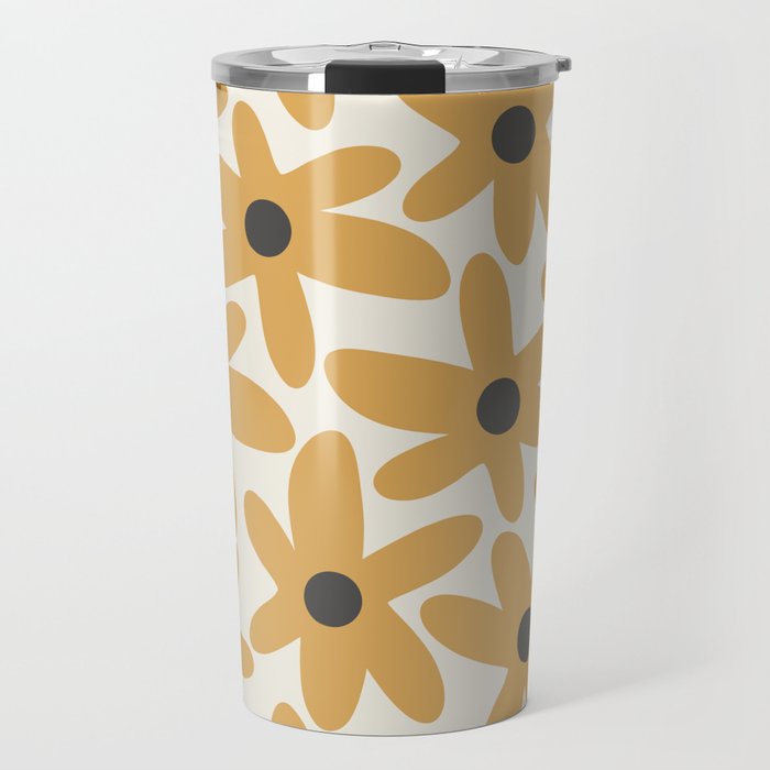 Daisy Time Retro Floral Pattern in Muted Mustard Gold, Charcoal Grey, and Cream Travel Mug Gallery Image 1