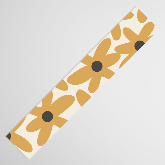 Daisy Time Retro Floral Pattern in Muted Mustard Gold, Charcoal Grey, and Cream Table Runner Gallery Image 3