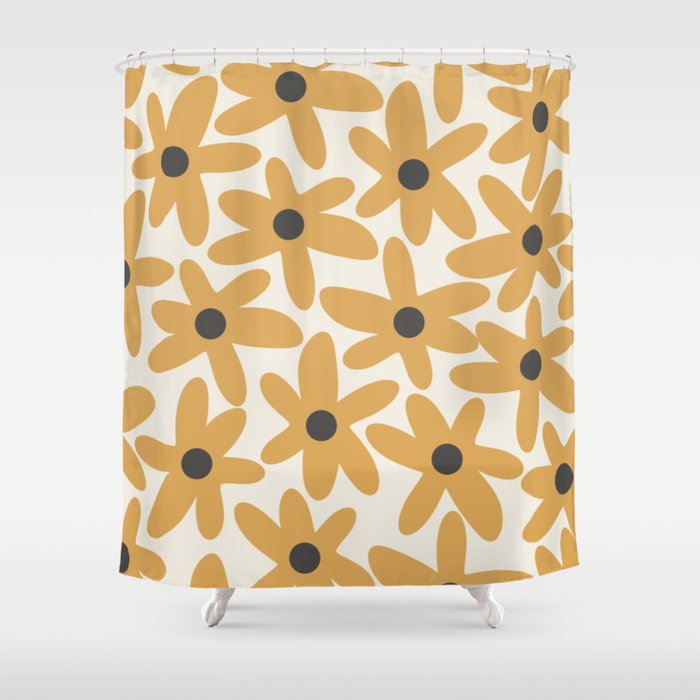 Daisy Time Retro Floral Pattern in Muted Mustard Gold, Charcoal Grey, and Cream Shower Curtain Gallery Image 1