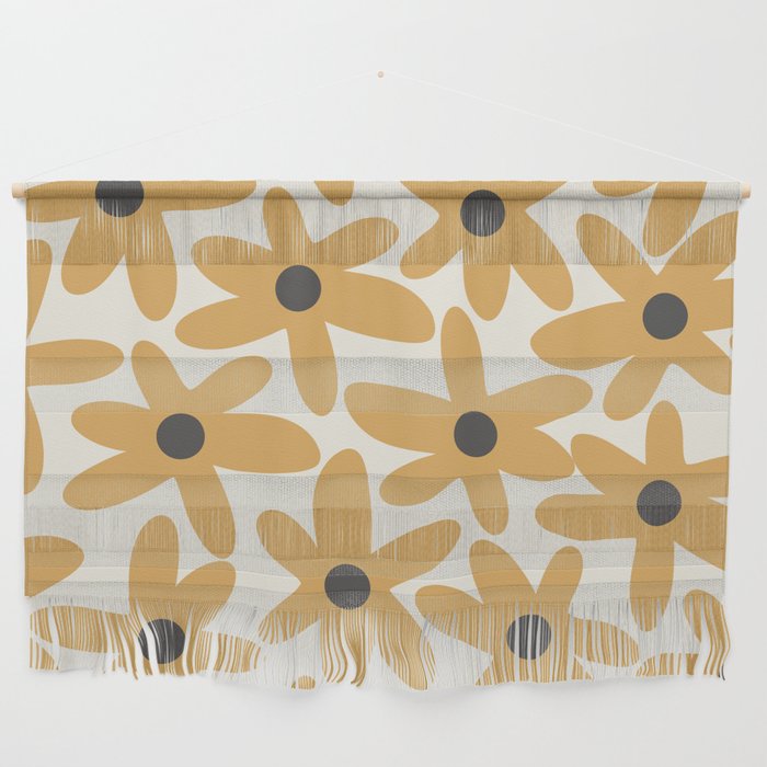 Daisy Time Retro Floral Pattern in Muted Mustard Gold, Charcoal Grey, and Cream Wall Hanging Gallery Image 1