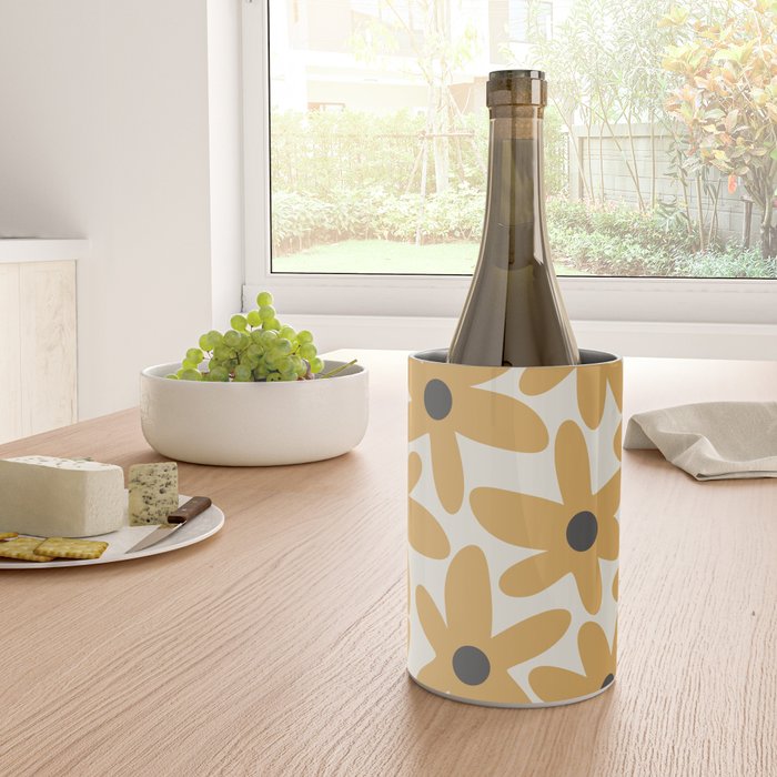 Daisy Time Retro Floral Pattern in Muted Mustard Gold, Charcoal Grey, and Cream Wine Chiller Gallery Image 4