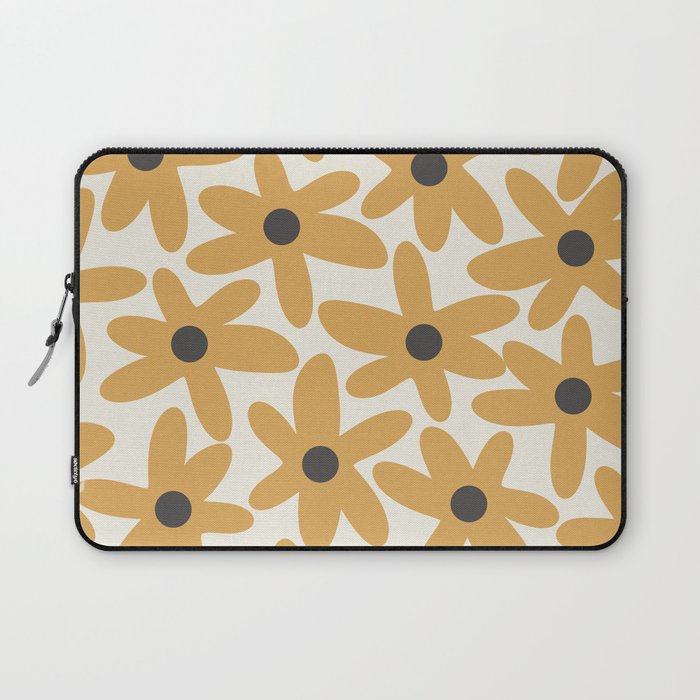 Daisy Time Retro Floral Pattern in Muted Mustard Gold, Charcoal Grey, and Cream Laptop Sleeve Gallery Image 1