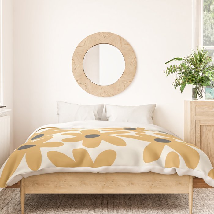Daisy Time Retro Floral Pattern in Muted Mustard Gold, Charcoal Grey, and Cream Duvet Cover Gallery Image 3