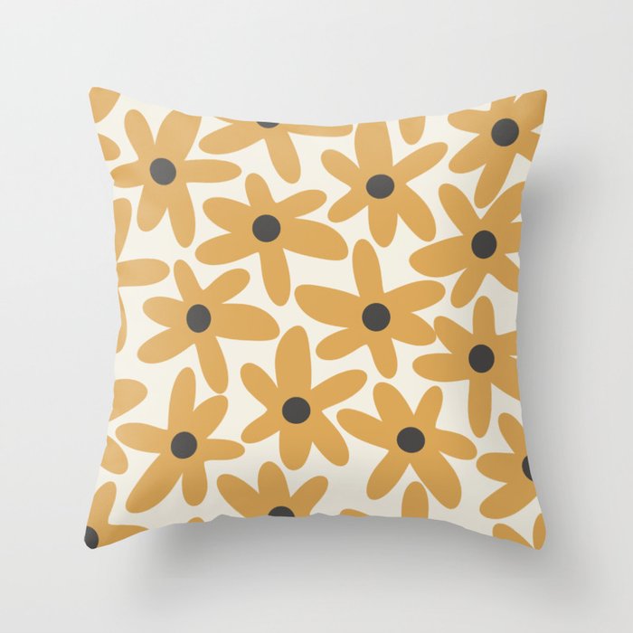 Daisy Time Retro Floral Pattern in Muted Mustard Gold, Charcoal Grey, and Cream Throw Pillow Gallery Image 1