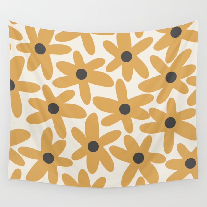 Daisy Time Retro Floral Pattern in Muted Mustard Gold, Charcoal Grey, and Cream Wall Tapestry Gallery Image 4