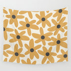 Daisy Time Retro Floral Pattern in Muted Mustard Gold, Charcoal Grey, and Cream Wall Tapestry Gallery Image 4