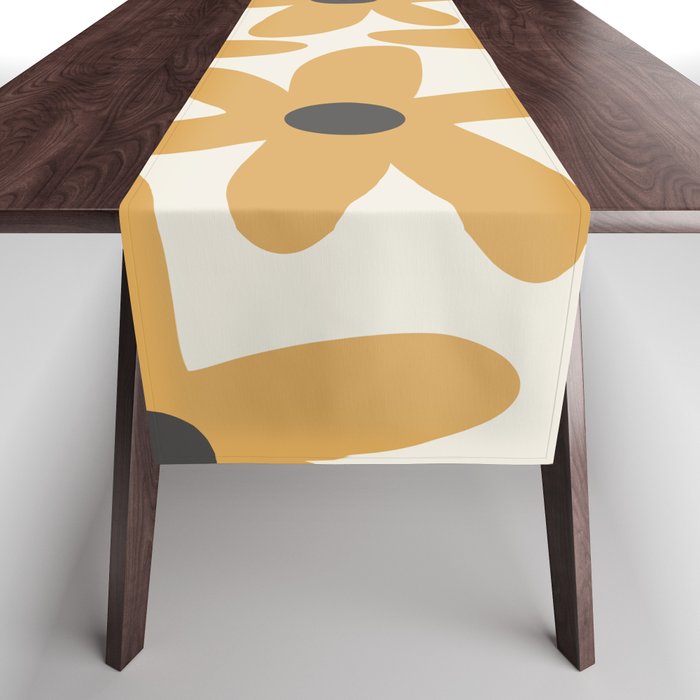 Daisy Time Retro Floral Pattern in Muted Mustard Gold, Charcoal Grey, and Cream Table Runner Gallery Image 1