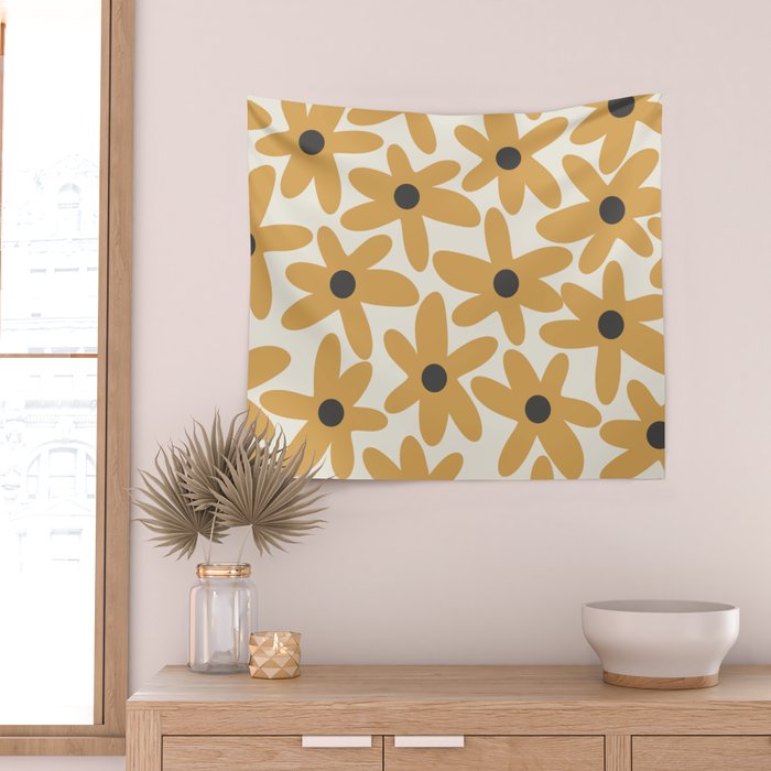 Daisy Time Retro Floral Pattern in Muted Mustard Gold, Charcoal Grey, and Cream Wall Tapestry Gallery Image 2