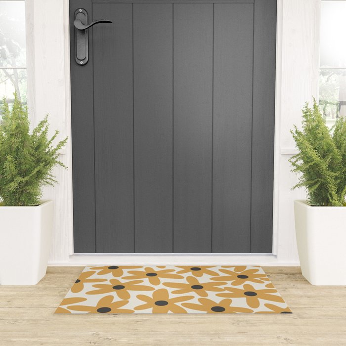 Daisy Time Retro Floral Pattern in Muted Mustard Gold, Charcoal Grey, and Cream Welcome Mat Gallery Image 3