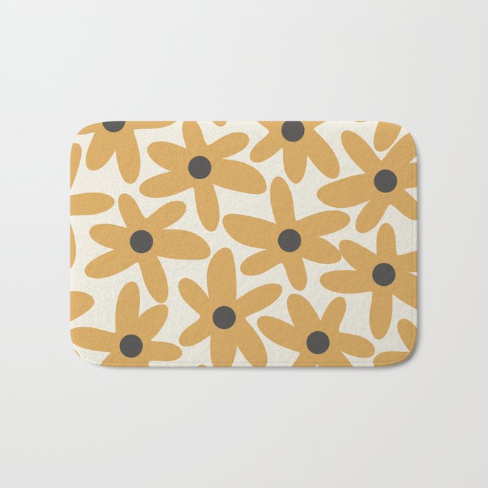 Daisy Time Retro Floral Pattern in Muted Mustard Gold, Charcoal Grey, and Cream Bath Mat Gallery Image 1