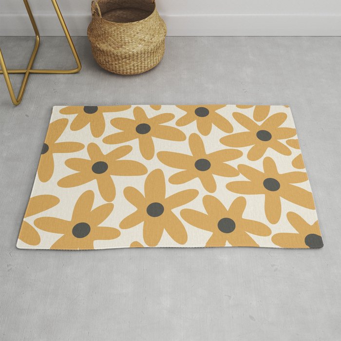 Daisy Time Retro Floral Pattern in Muted Mustard Gold, Charcoal Grey, and Cream Rug Gallery Image 1
