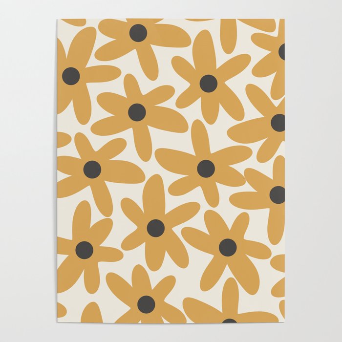 Daisy Time Retro Floral Pattern in Muted Mustard Gold, Charcoal Grey, and Cream Poster Gallery Image 1