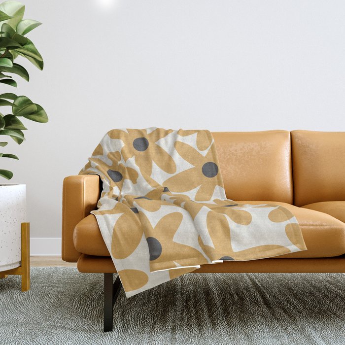 Daisy Time Retro Floral Pattern in Muted Mustard Gold, Charcoal Grey, and Cream Throw Blanket Gallery Image 1