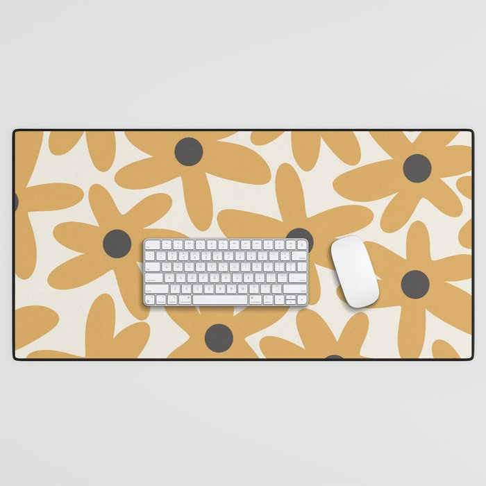 Daisy Time Retro Floral Pattern in Muted Mustard Gold, Charcoal Grey, and Cream Desk Mat Gallery Image 1