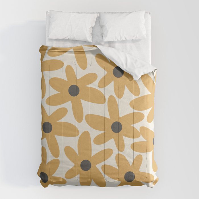Daisy Time Retro Floral Pattern in Muted Mustard Gold, Charcoal Grey, and Cream Comforter Gallery Image 6