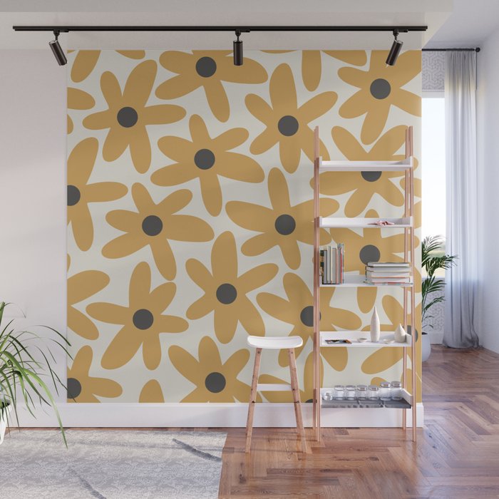 Daisy Time Retro Floral Pattern in Muted Mustard Gold, Charcoal Grey, and Cream Wall Mural Gallery Image 1