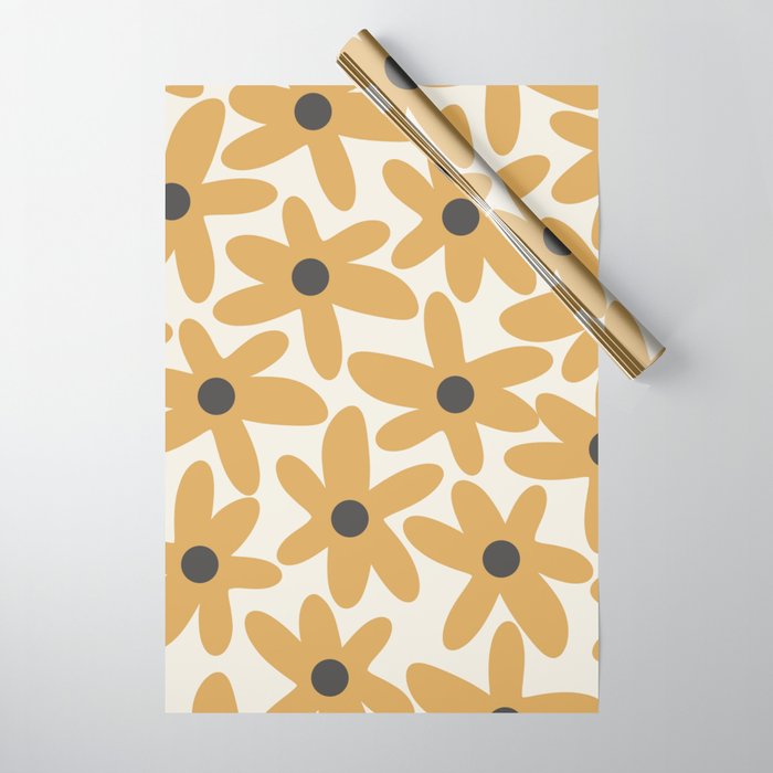 Daisy Time Retro Floral Pattern in Muted Mustard Gold, Charcoal Grey, and Cream Wrapping Paper Gallery Image 1
