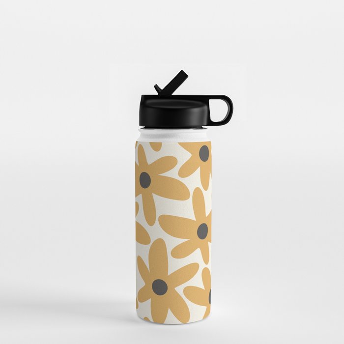 Daisy Time Retro Floral Pattern in Muted Mustard Gold, Charcoal Grey, and Cream Water Bottle Gallery Image 1