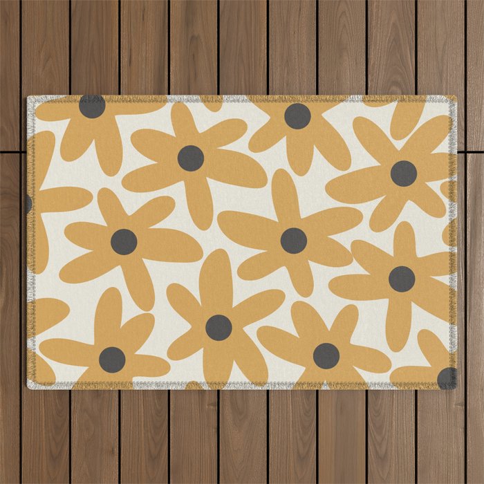 Daisy Time Retro Floral Pattern in Muted Mustard Gold, Charcoal Grey, and Cream Outdoor Rug Gallery Image 1