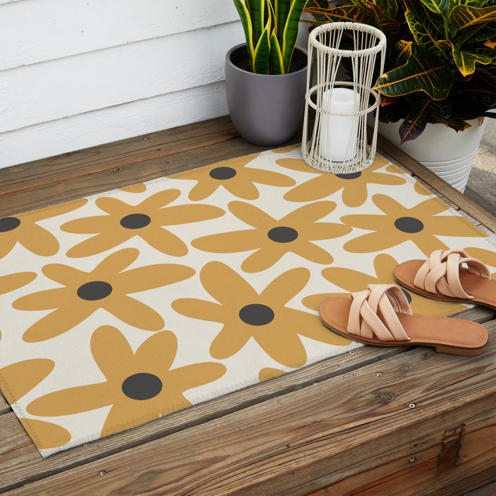 Daisy Time Retro Floral Pattern in Muted Mustard Gold, Charcoal Grey, and Cream Outdoor Rug Gallery Image 2
