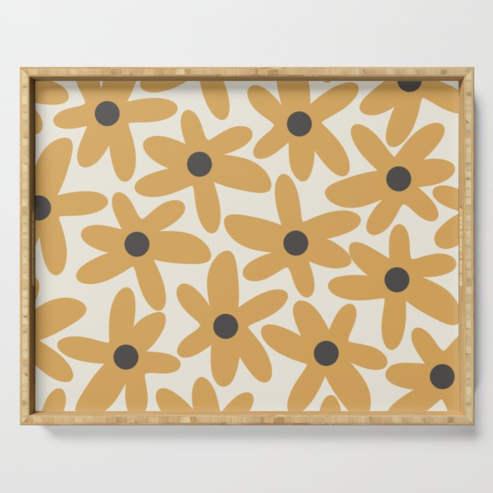Daisy Time Retro Floral Pattern in Muted Mustard Gold, Charcoal Grey, and Cream Serving Tray Gallery Image 1