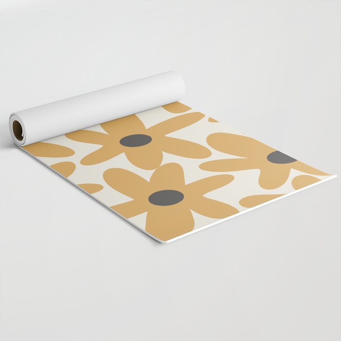 Daisy Time Retro Floral Pattern in Muted Mustard Gold, Charcoal Grey, and Cream Yoga Mat Gallery Image 2