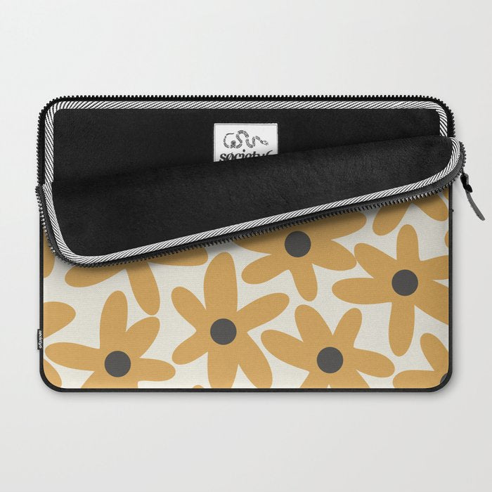 Daisy Time Retro Floral Pattern in Muted Mustard Gold, Charcoal Grey, and Cream Laptop Sleeve Gallery Image 2