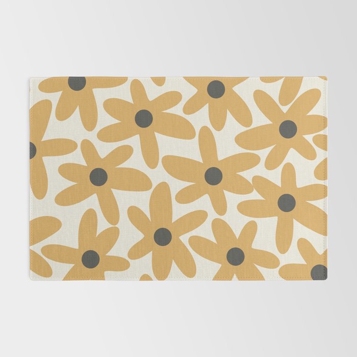 Daisy Time Retro Floral Pattern in Muted Mustard Gold, Charcoal Grey, and Cream Rug Gallery Image 2