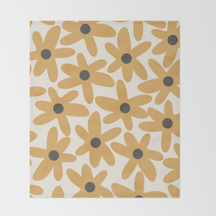 Daisy Time Retro Floral Pattern in Muted Mustard Gold, Charcoal Grey, and Cream Throw Blanket Gallery Image 2