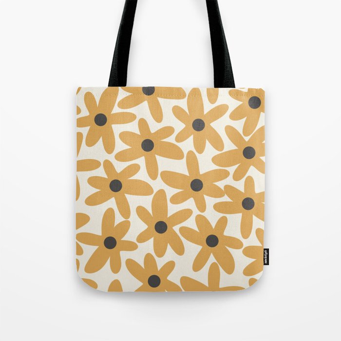 Daisy Time Retro Floral Pattern in Muted Mustard Gold, Charcoal Grey, and Cream Tote Bag Gallery Image 1