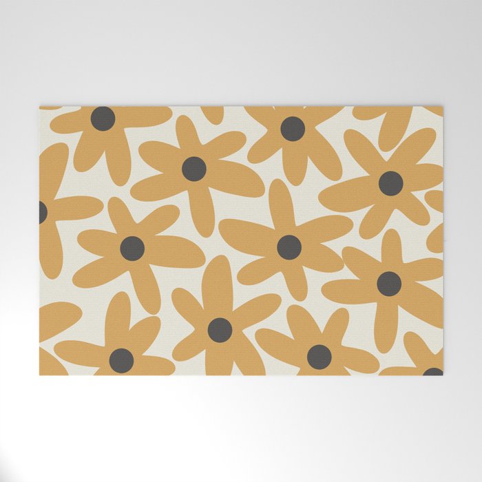 Daisy Time Retro Floral Pattern in Muted Mustard Gold, Charcoal Grey, and Cream Welcome Mat Gallery Image 1