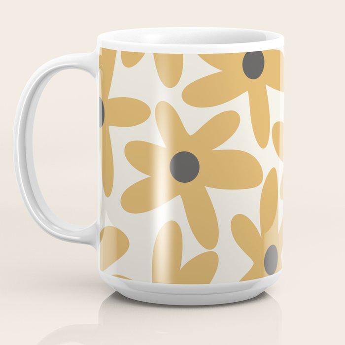 Daisy Time Retro Floral Pattern in Muted Mustard Gold, Charcoal Grey, and Cream Coffee Mug Gallery Image 3