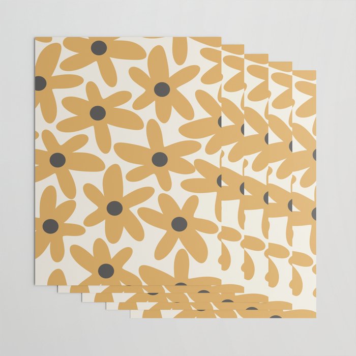 Daisy Time Retro Floral Pattern in Muted Mustard Gold, Charcoal Grey, and Cream Wrapping Paper Gallery Image 3