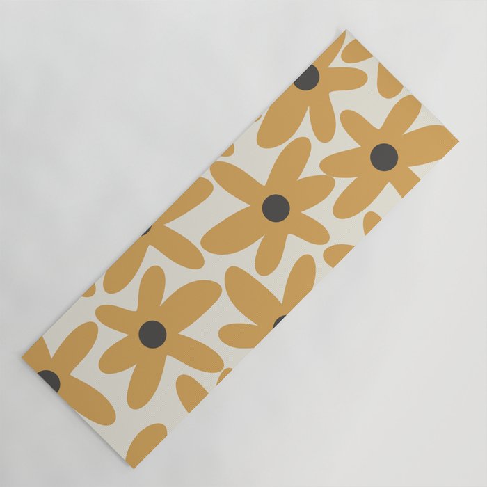 Daisy Time Retro Floral Pattern in Muted Mustard Gold, Charcoal Grey, and Cream Yoga Mat Gallery Image 1