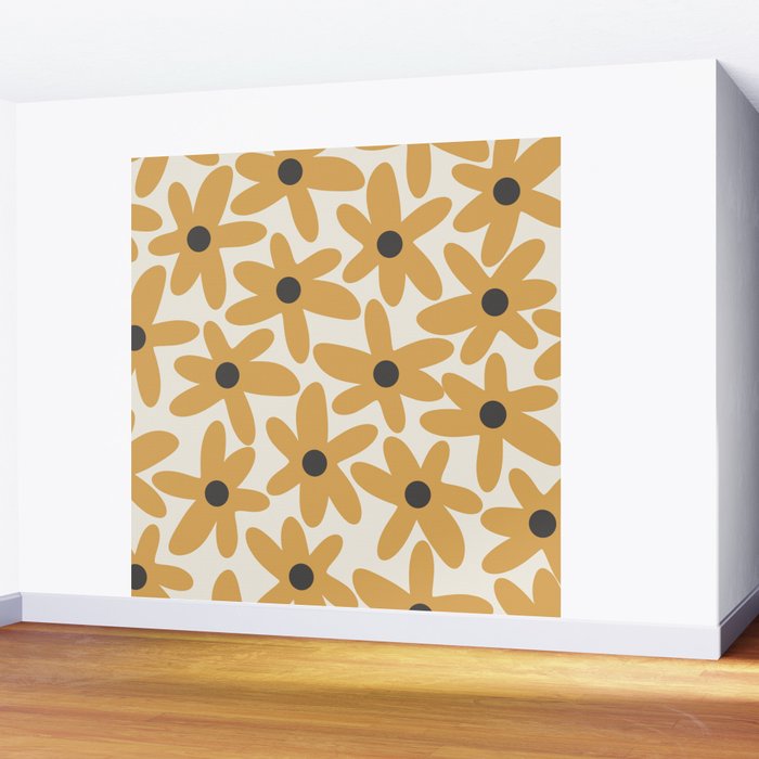 Daisy Time Retro Floral Pattern in Muted Mustard Gold, Charcoal Grey, and Cream Wall Mural Gallery Image 2
