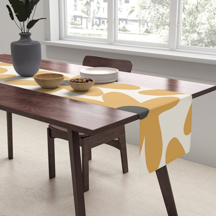 Daisy Time Retro Floral Pattern in Muted Mustard Gold, Charcoal Grey, and Cream Table Runner Gallery Image 2