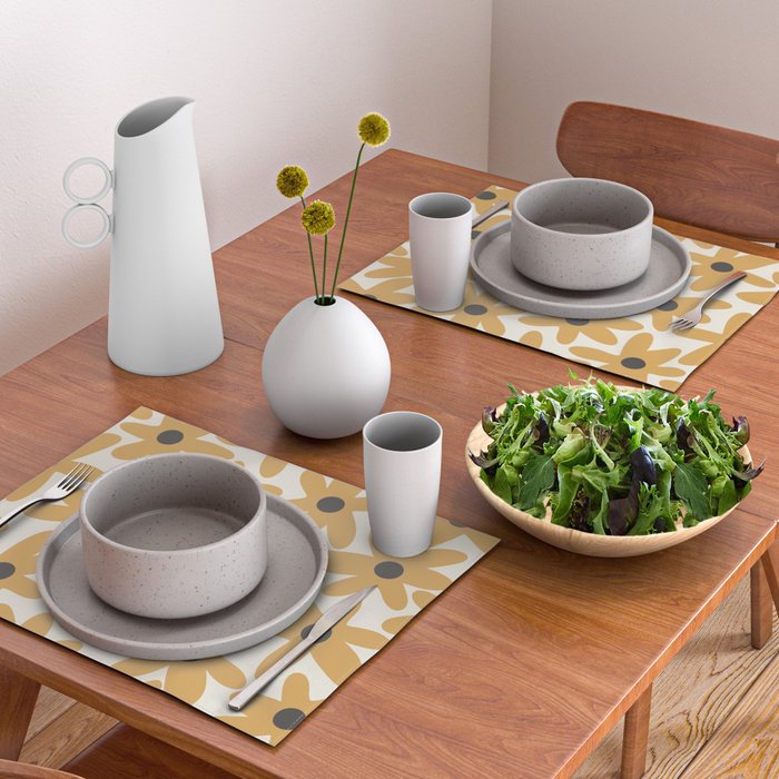 Daisy Time Retro Floral Pattern in Muted Mustard Gold, Charcoal Grey, and Cream Placemat Gallery Image 2