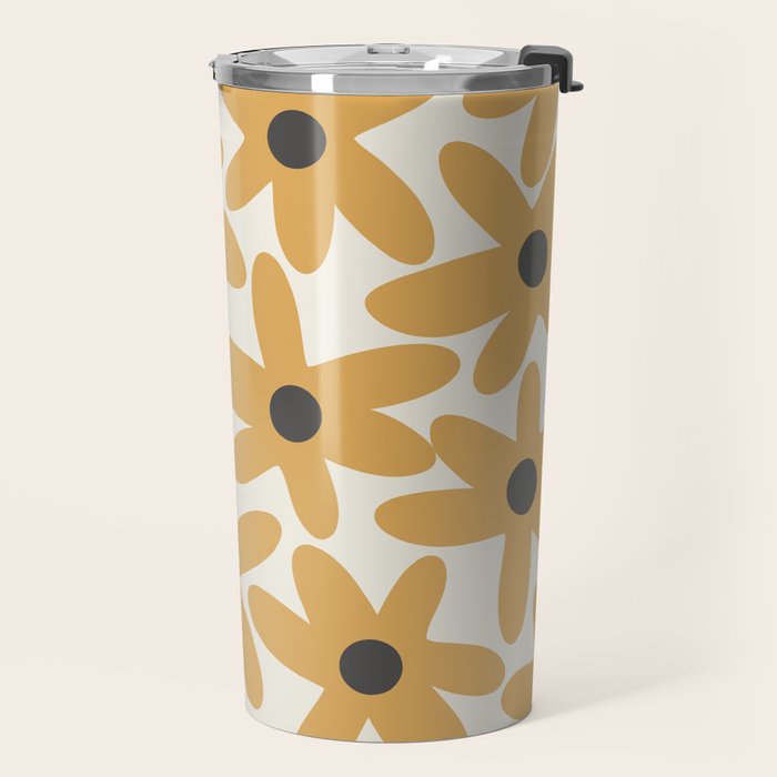 Daisy Time Retro Floral Pattern in Muted Mustard Gold, Charcoal Grey, and Cream Travel Mug Gallery Image 2