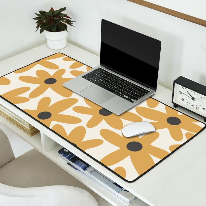Daisy Time Retro Floral Pattern in Muted Mustard Gold, Charcoal Grey, and Cream Desk Mat Gallery Image 2