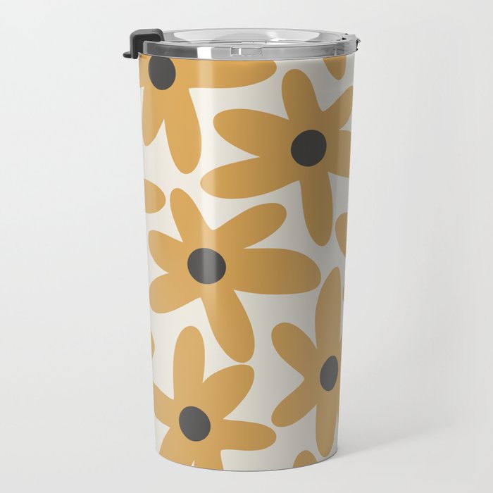 Daisy Time Retro Floral Pattern in Muted Mustard Gold, Charcoal Grey, and Cream Travel Mug Gallery Image 3