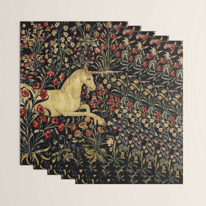 Medieval Unicorn Midnight Floral Garden Wrapping Paper Gallery Image 3
