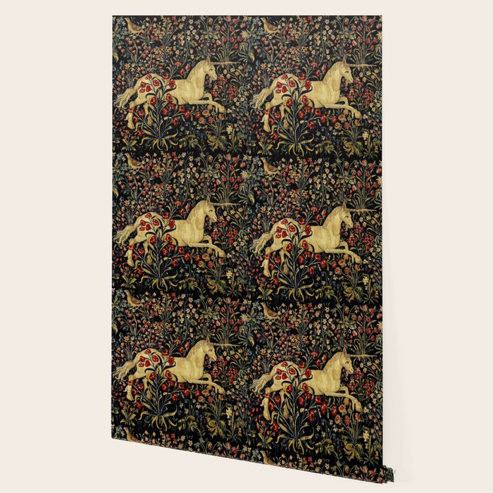 Medieval Unicorn Midnight Floral Garden Wallpaper Gallery Image 2