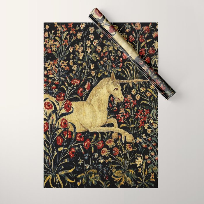 Medieval Unicorn Midnight Floral Garden Wrapping Paper Gallery Image 1