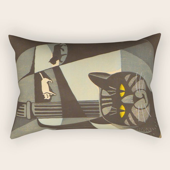Inagaki Tomoo Vintage Japanese Woodblock print mid century Modern Cubism Art Cats Feline Rectangular Pillow Gallery Image 2