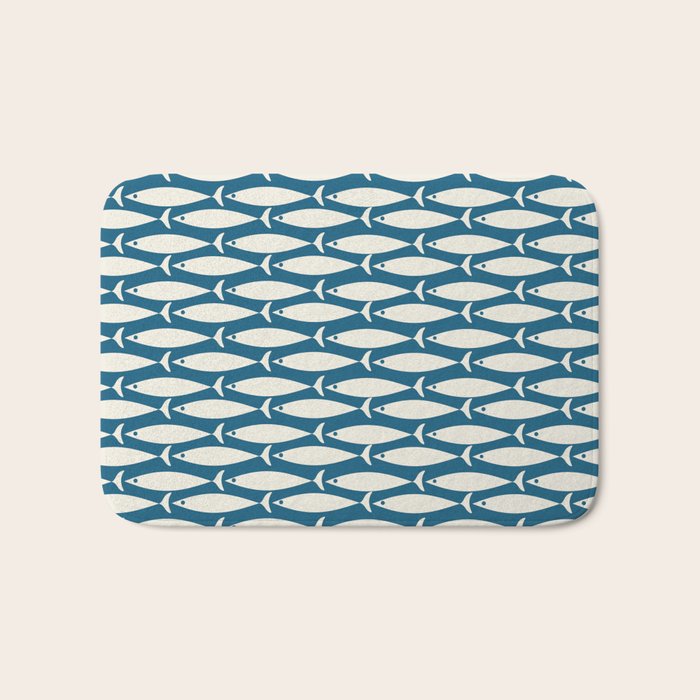 Mid Century Modern Fish Pattern in Teal Blue and Cream Bath Mat Gallery Image 1