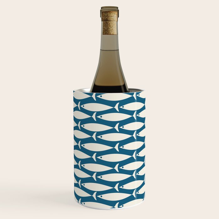 Mid Century Modern Fish Pattern in Teal Blue and Cream Wine Chiller Gallery Image 2