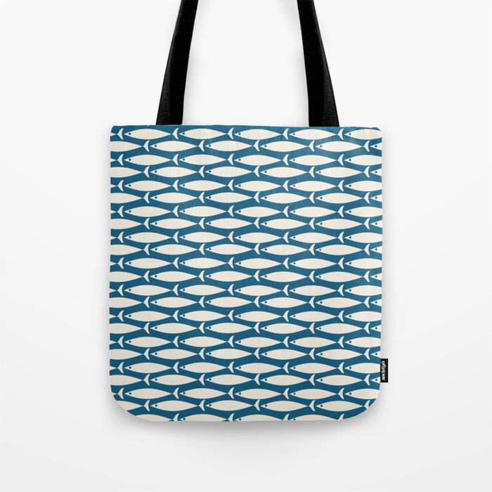 Mid Century Modern Fish Pattern in Teal Blue and Cream Tote Bag Gallery Image 1