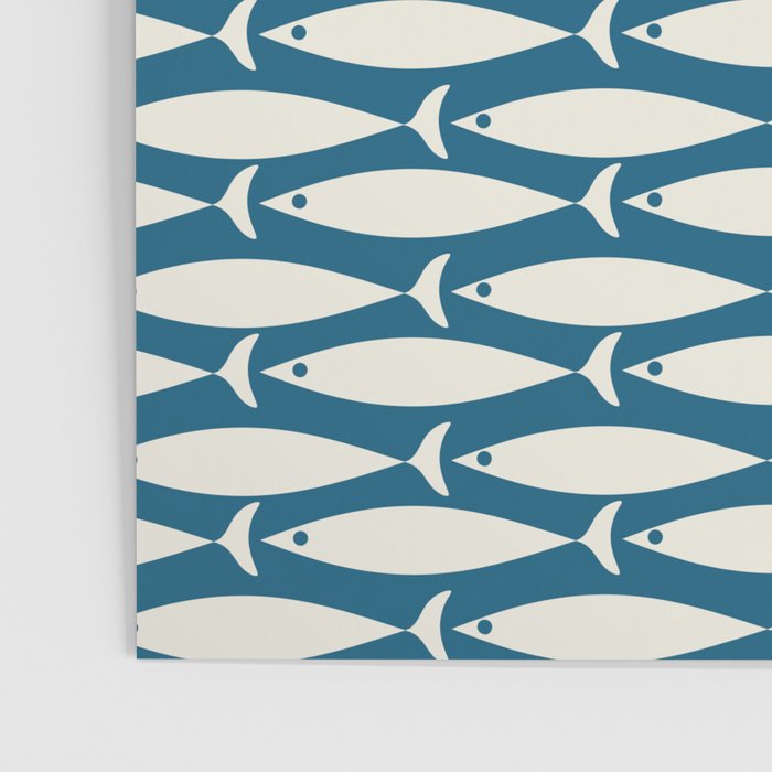 Mid Century Modern Fish Pattern in Teal Blue and Cream Poster Gallery Image 3